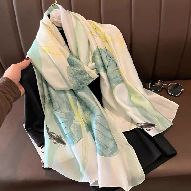 Light green floral printed elegant silk hijab