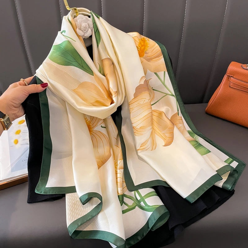 Off white glossy hijab with green border