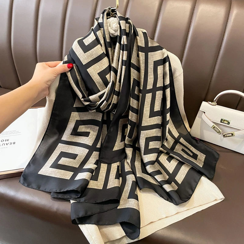 Luxury  black white printed silk hijab