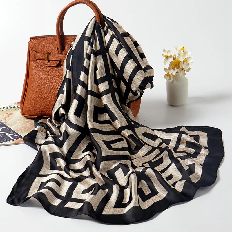 Luxury  black white printed silk hijab