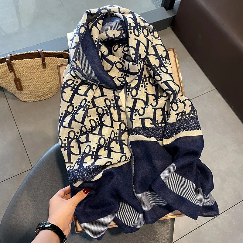 Elegant navy blue printed viscose hijab