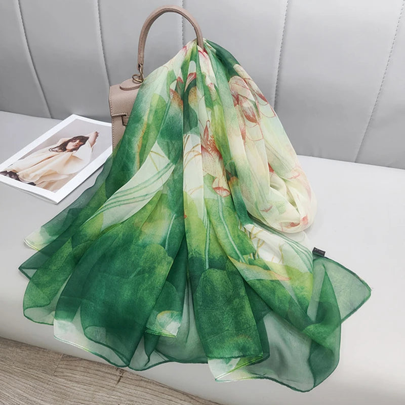 Classy green floral printed long scarf / orna
