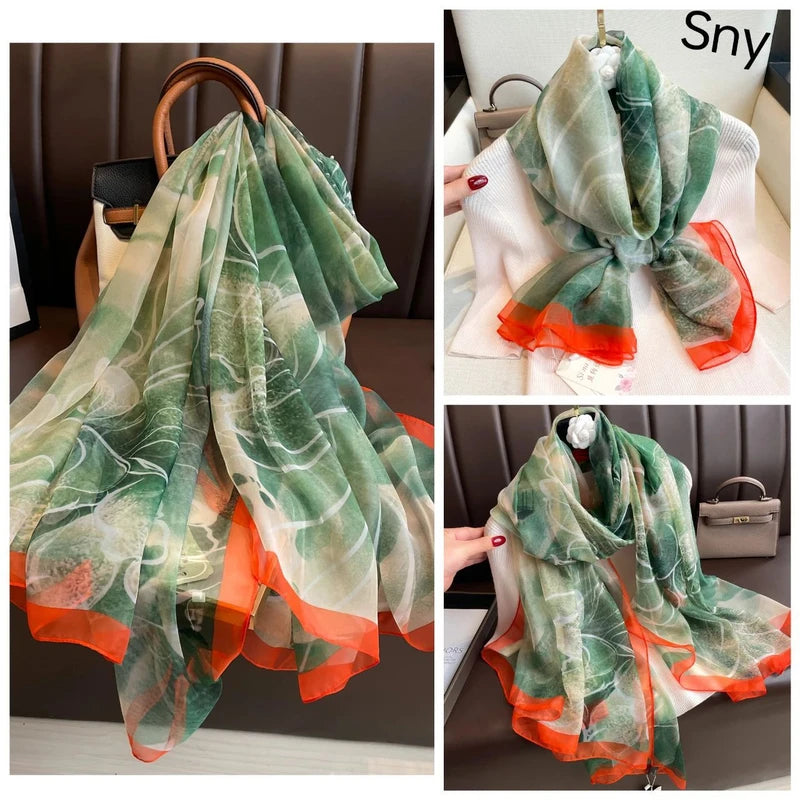 Classy green silk scarf with orange color border