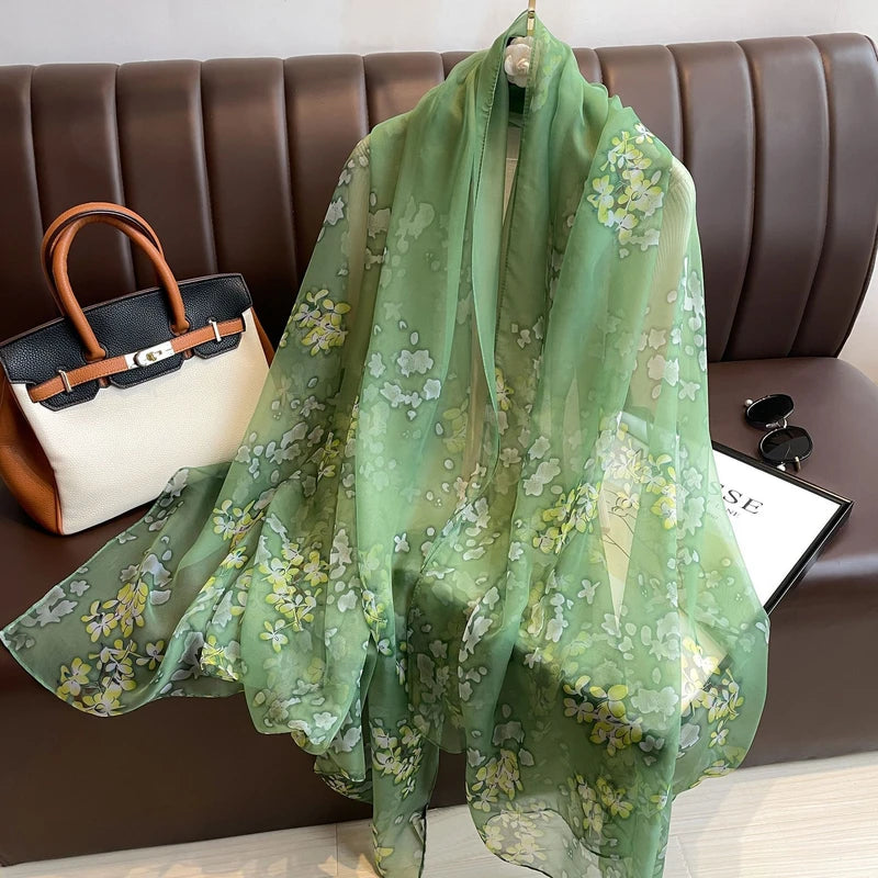 Beautiful green color floral printed long silk hijab / orna
