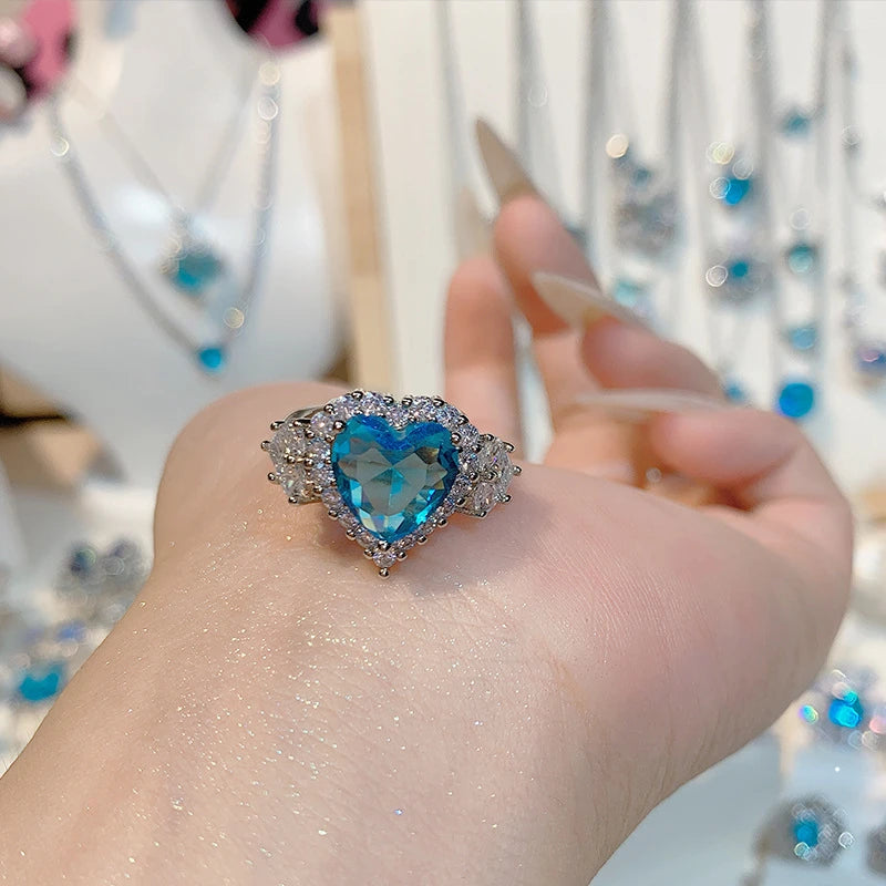 Elegant heart shaped sky blue crystal adjustable ring