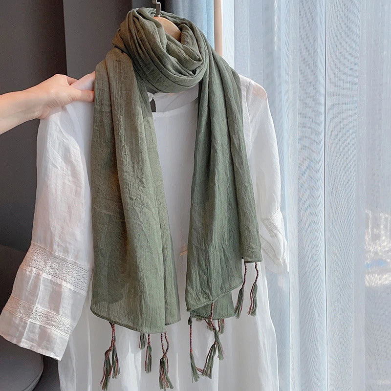 Stylish olive green winding tassel cotton hijab/orna