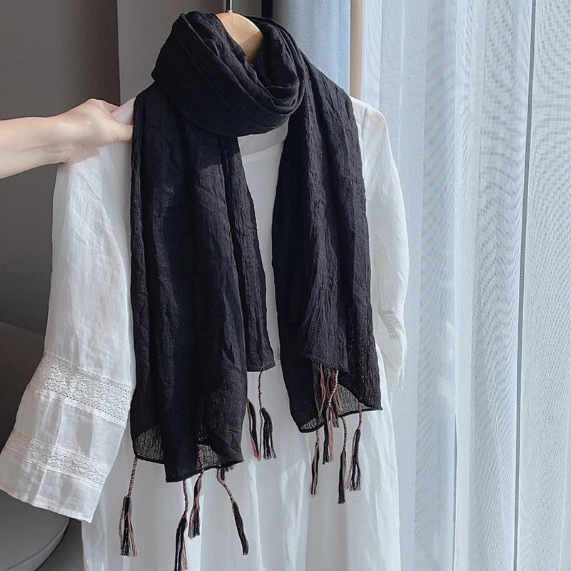 Elegant Black Color Winding Tassel Cotton Hijab/Orna