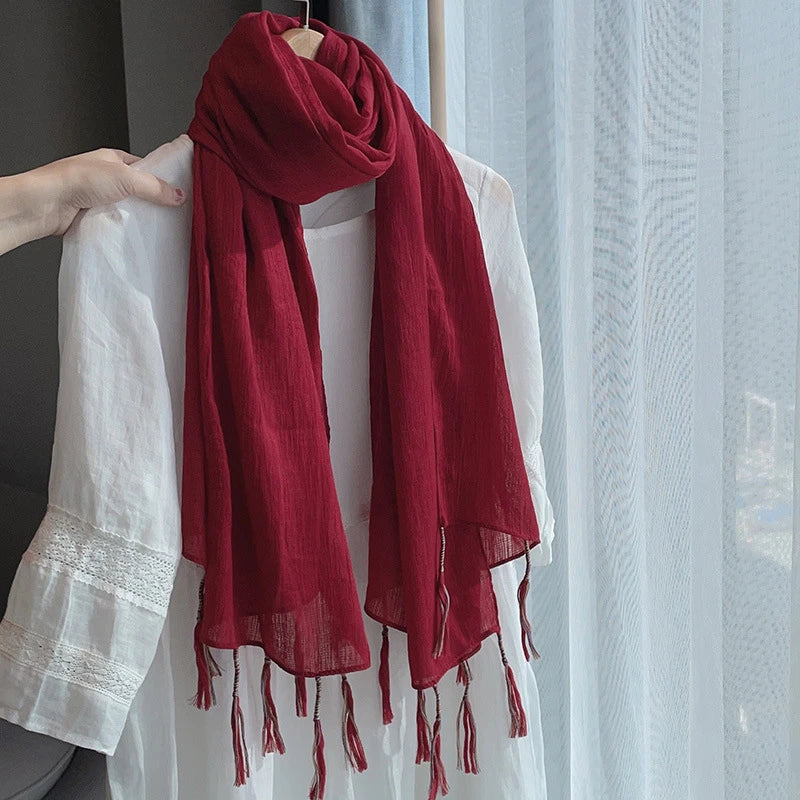 Gorgeous Maroon Color Winding Tassel Cotton Hijab/Orna