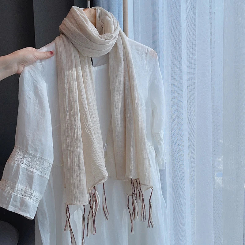 Sophisticated White Color Winding Tassel Cotton Hijab/Orna