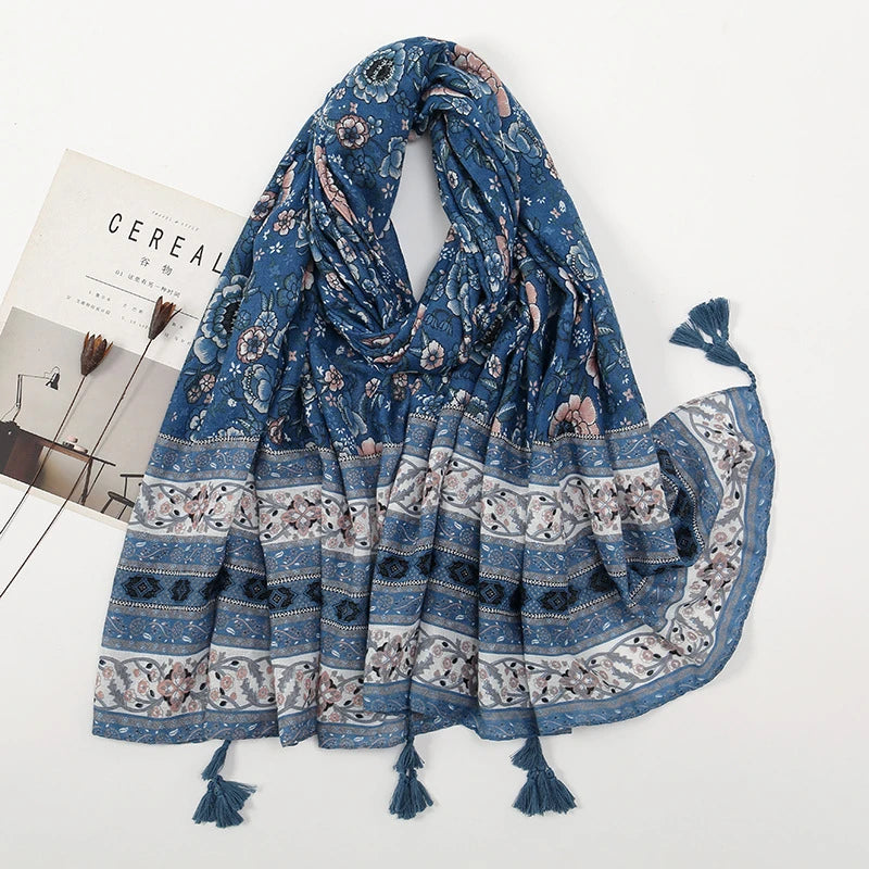 Pretty blue colour long tassel cotton hijab/orna