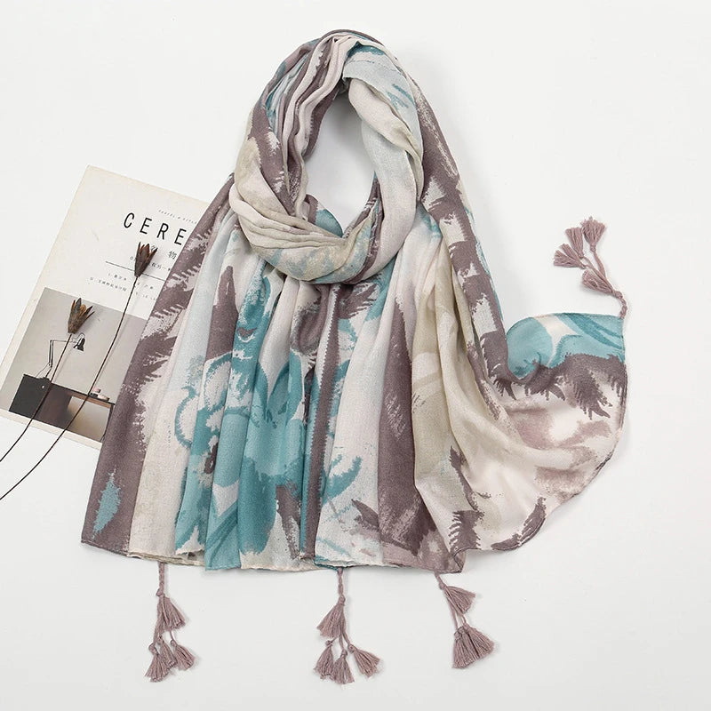 Stylish light blue color flower printed tassel cotton hijab /orna