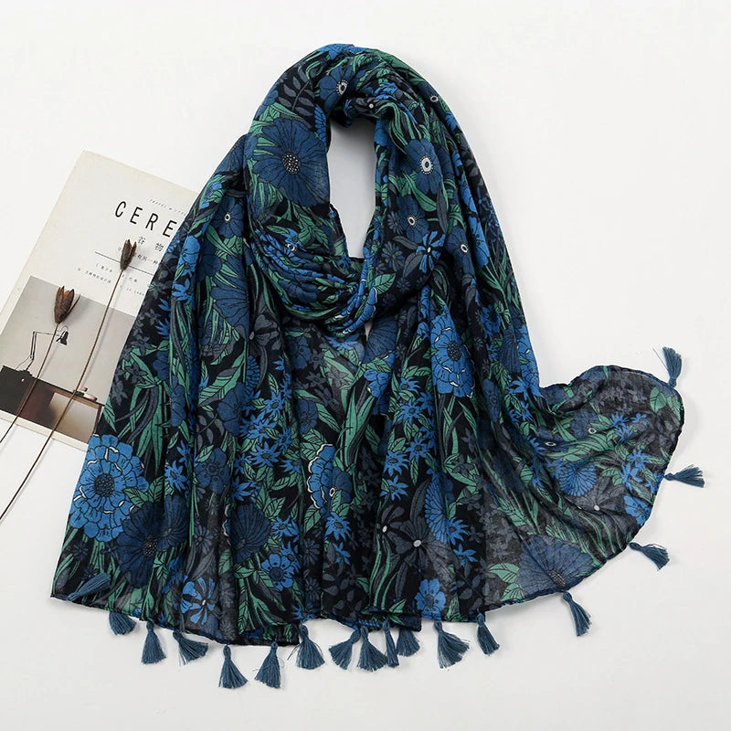 Elegant navy blue color floral printed tassel long hijab/orna
