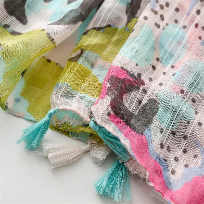 Pretty flower printed multicoloured tassel cotton hijab/orna