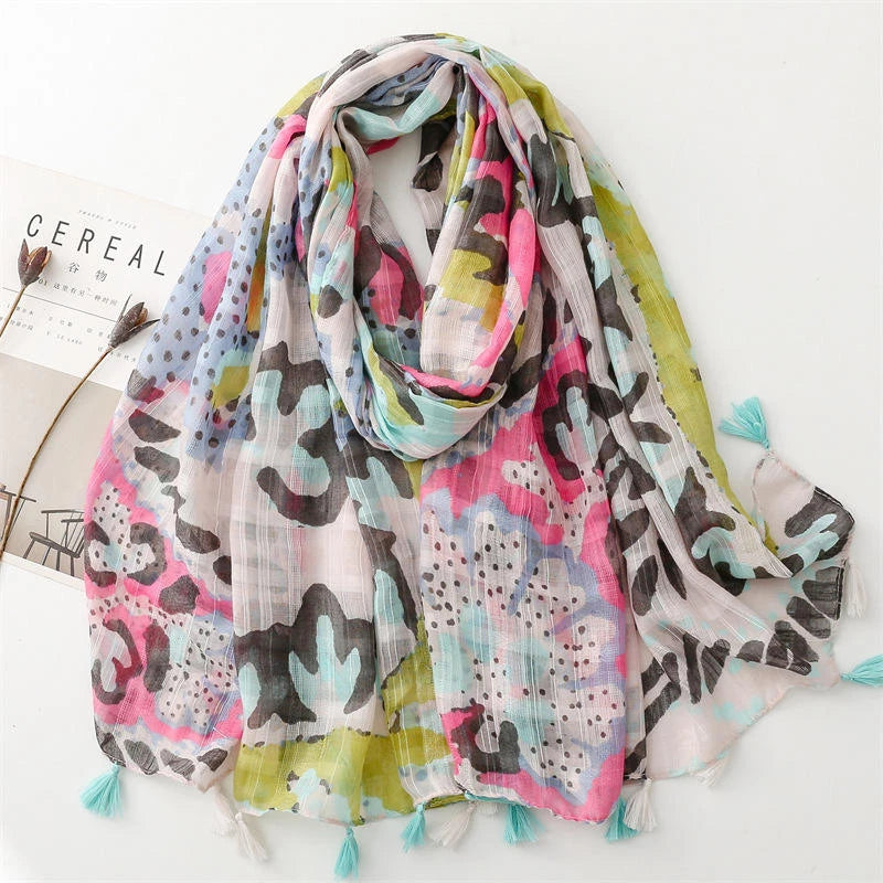 Pretty flower printed multicoloured tassel cotton hijab/orna