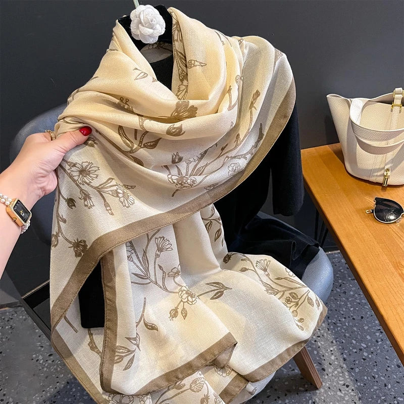 Imported floral printed beige color cotton hijab