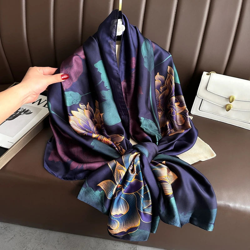 Elegant navy blue  floral printed long silk hijab