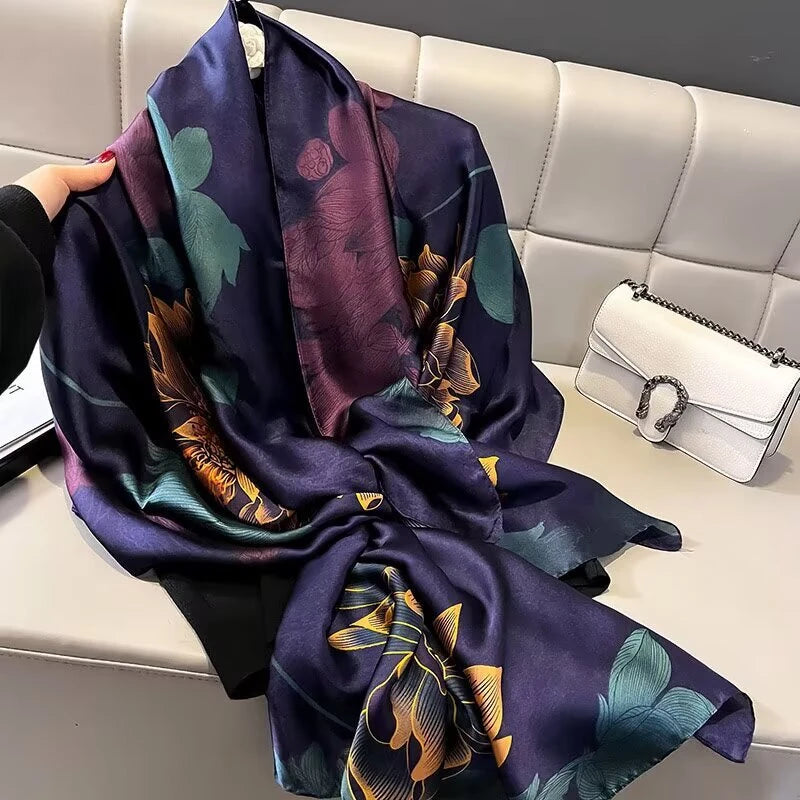 Elegant navy blue  floral printed long silk hijab