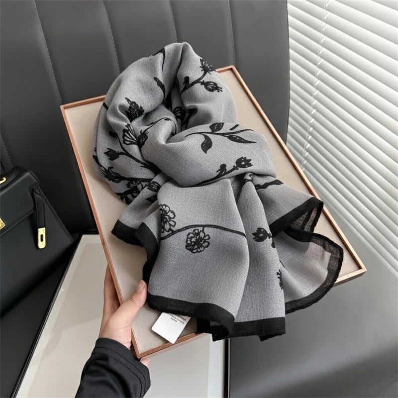 Flower Printed Gray Color Cotton Hijab /Orna