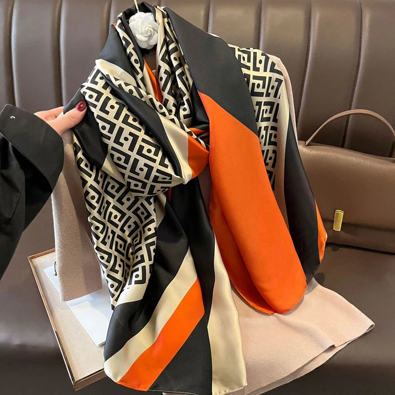 Elegant black orange mixed printed Silk hijab