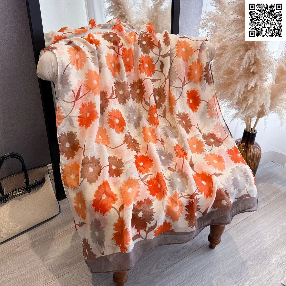 Imported Autumn Bloom Flower Lightweight Orange Brown Scarf