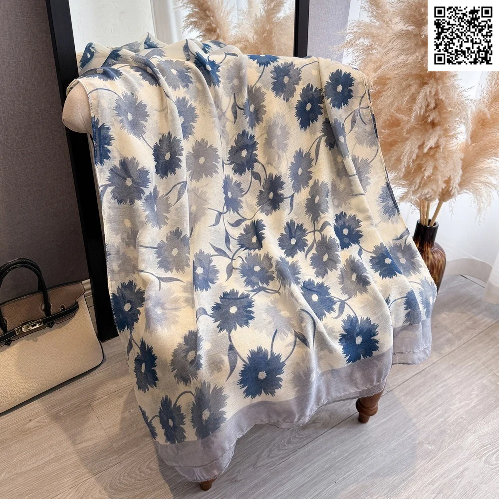 Imported Autumn Bloom Flower Lightweight Denim Blue & Cream Scarf