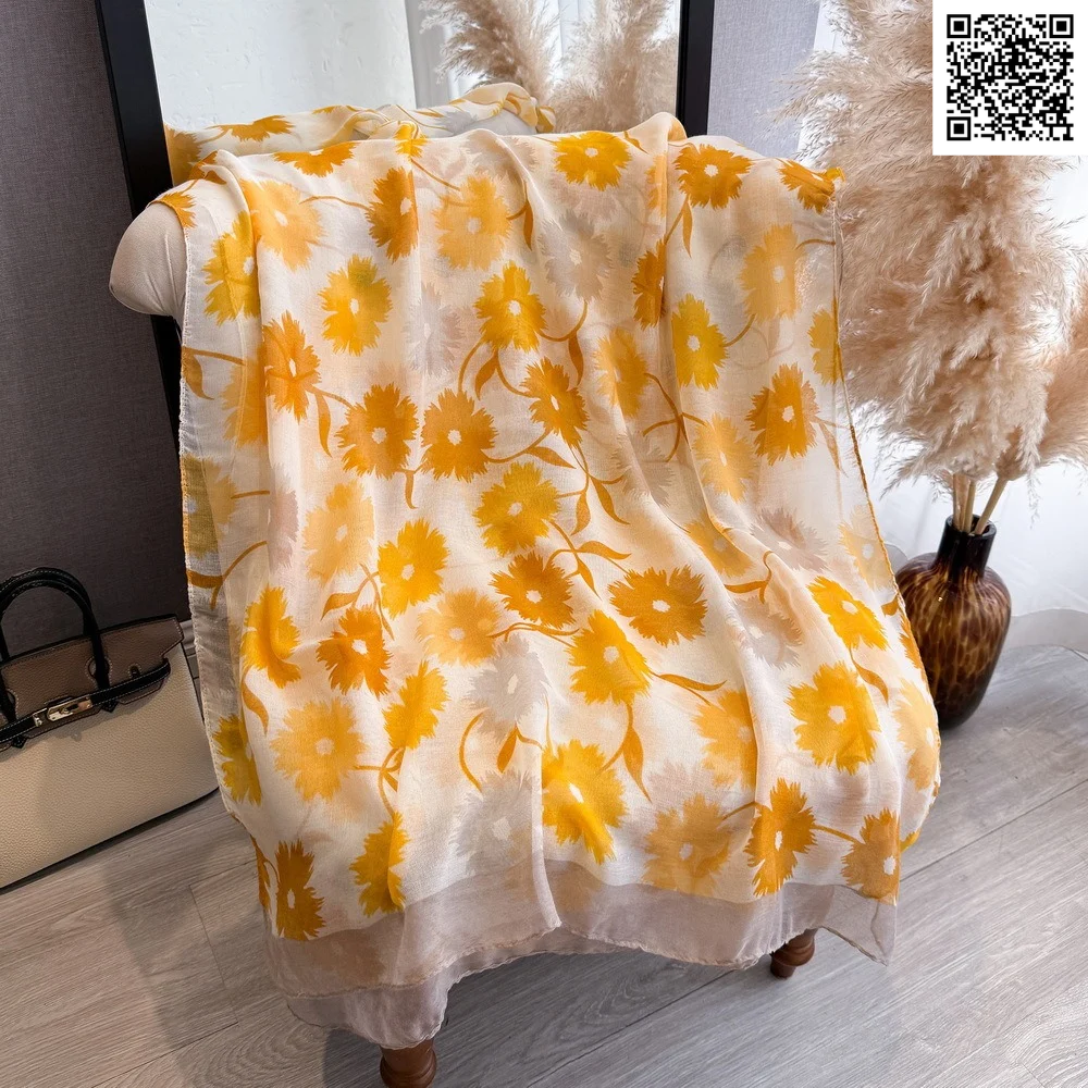Imported Autumn Bloom Flower Lightweight Mustard Yellow & Cream Scarf