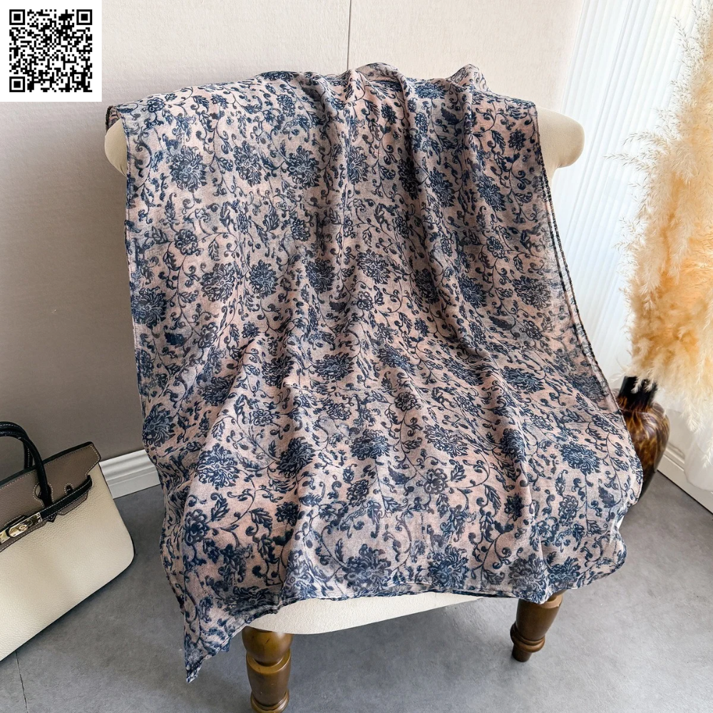 Imported Vine Flower Lightweight Gray Blue Scarf