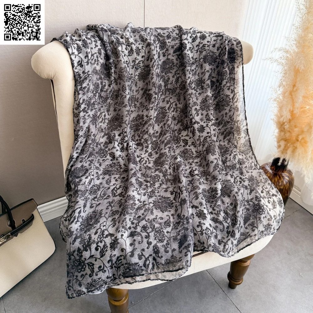 Imported Vine Flower Lightweight Gray Scarf