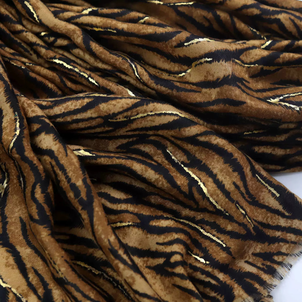 Stunning Camel High Quality Imported Zebra Printed Long Party Hijab / Orna Adorned With Elegant Golden Detailing