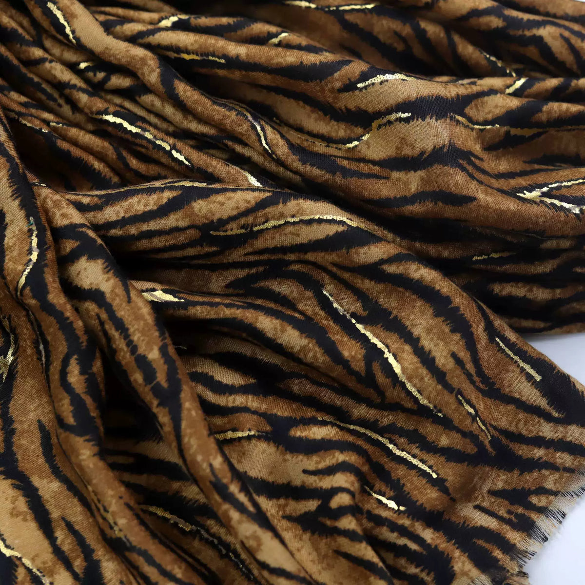 Stunning Camel High Quality Imported Zebra Printed Long Party Hijab / Orna Adorned With Elegant Golden Detailing