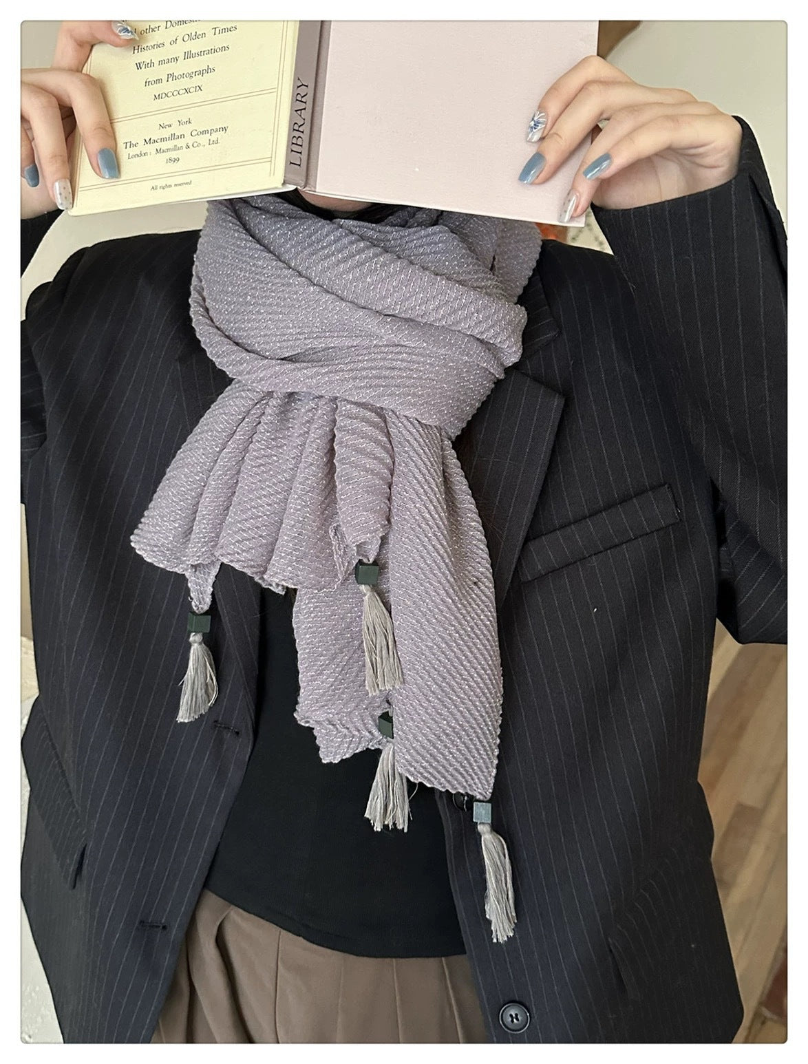 Classy Purple Color Literary Style Retro High-end Japanese and Korean Women's Creative Fashion Pleated Hanging Imported Wooden Bead Pendant Cotton Hijab / Orna
