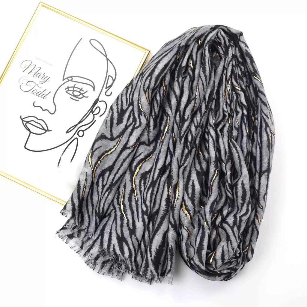 Elegant Black Gray Color High Quality Imported Zebra Printed Long Party Hijab / Orna Adorned With Elegant Golden Detailing