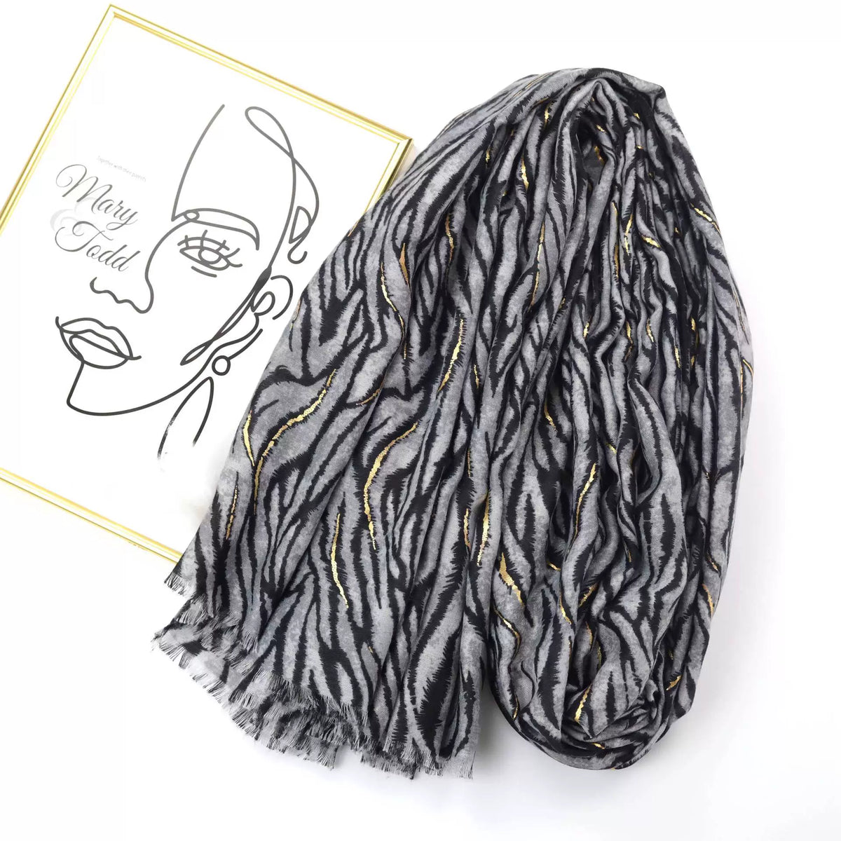 Elegant Black Gray Color High Quality Imported Zebra Printed Long Party Hijab / Orna Adorned With Elegant Golden Detailing
