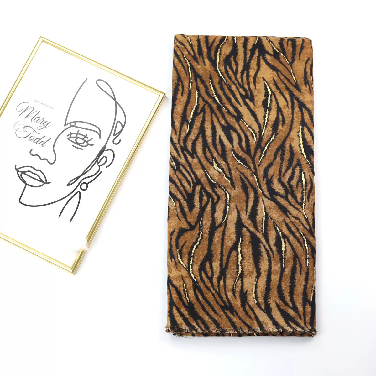 Stunning Camel High Quality Imported Zebra Printed Long Party Hijab / Orna Adorned With Elegant Golden Detailing