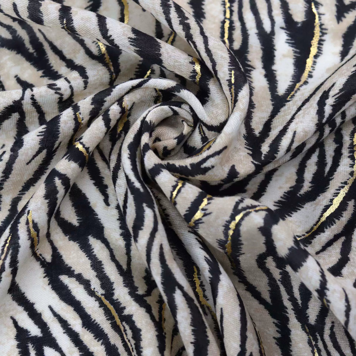 Stylish Khaki Color High Quality Imported Zebra Printed Long Party Hijab / Orna Adorned With Elegant Golden Detailing