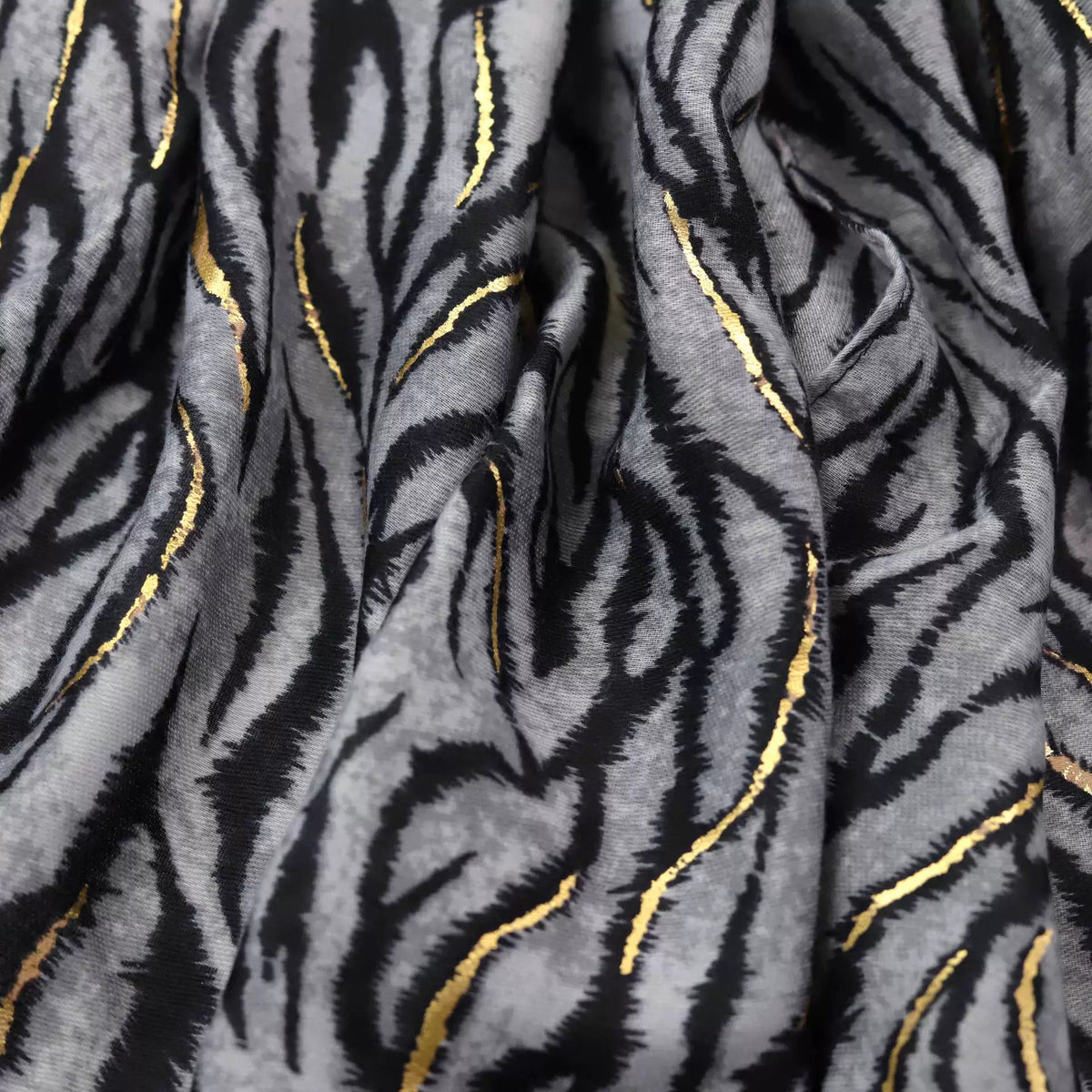 Elegant Black Gray Color High Quality Imported Zebra Printed Long Party Hijab / Orna Adorned With Elegant Golden Detailing
