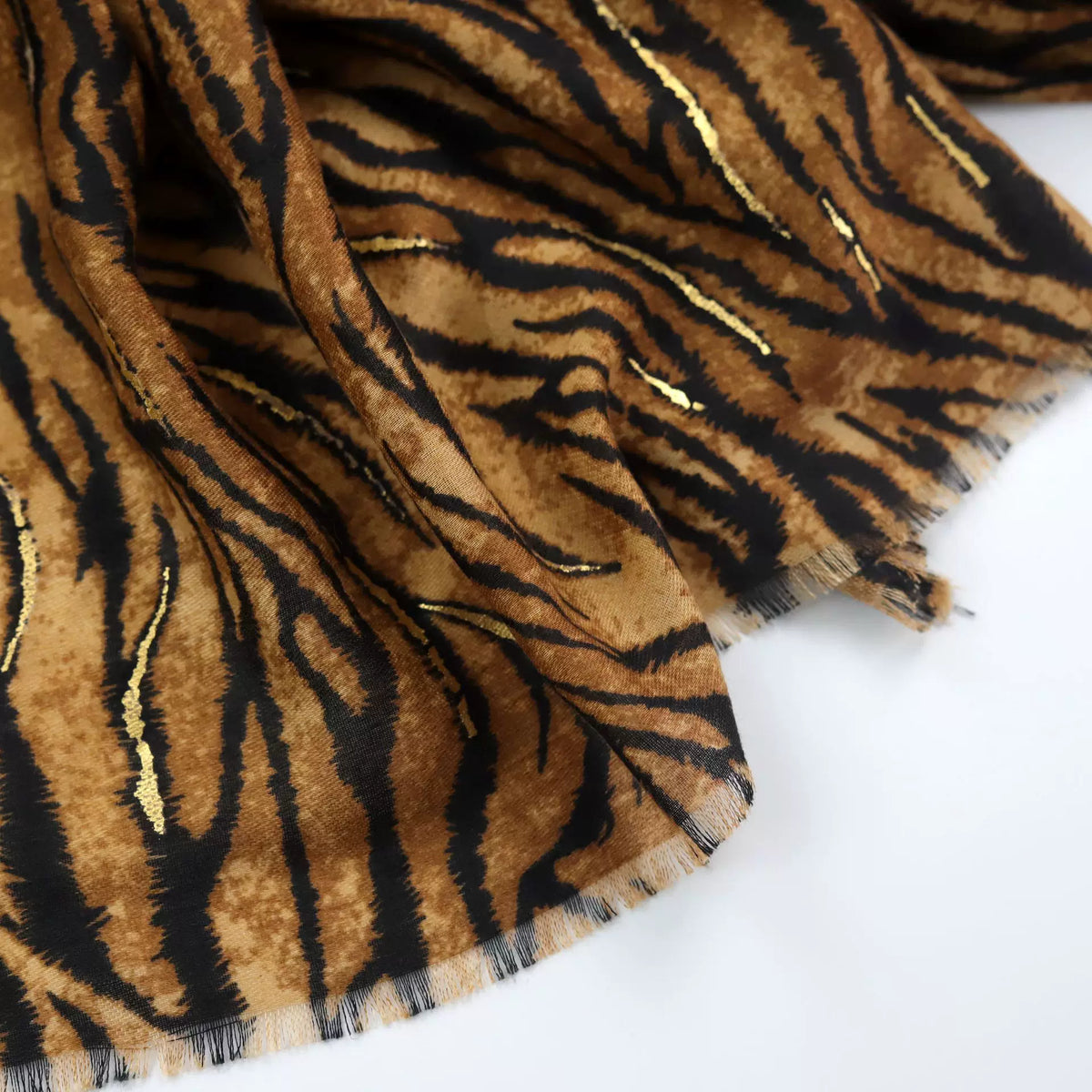 Stunning Camel High Quality Imported Zebra Printed Long Party Hijab / Orna Adorned With Elegant Golden Detailing