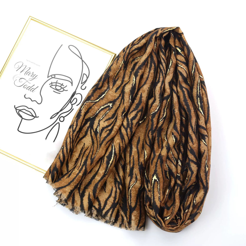 Stunning Camel High Quality Imported Zebra Printed Long Party Hijab / Orna Adorned With Elegant Golden Detailing