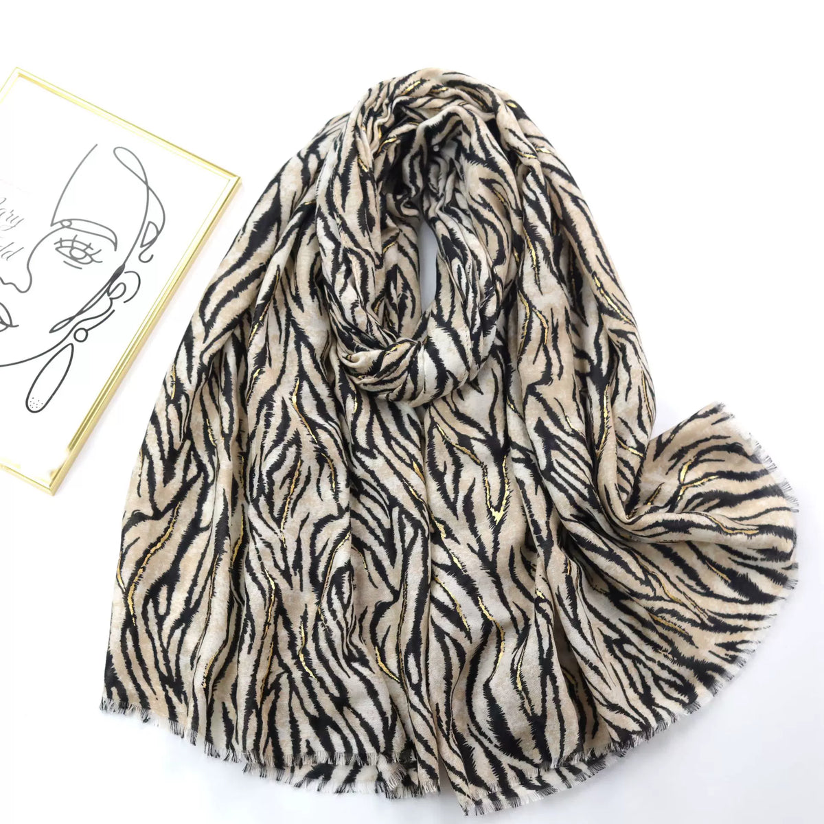 Stunning Off White High Quality Imported Zebra Printed Long Party Hijab / Orna Adorned With Elegant Golden Detailing