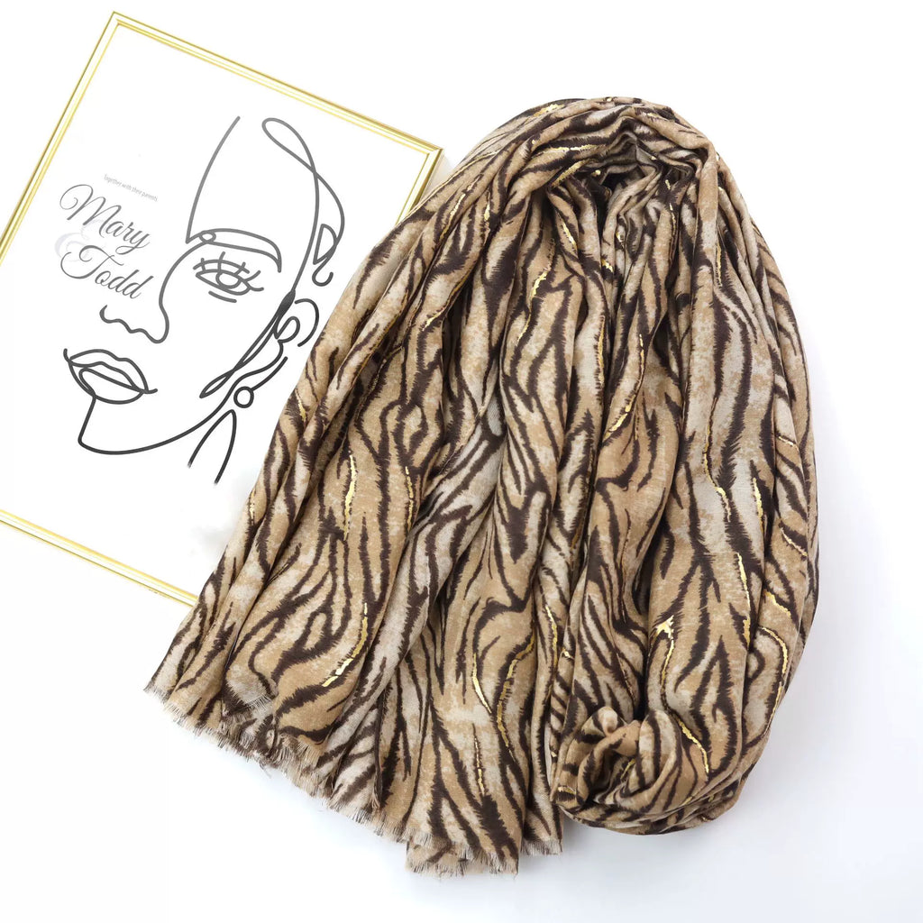 Stylish Khaki Color High Quality Imported Zebra Printed Long Party Hijab / Orna Adorned With Elegant Golden Detailing