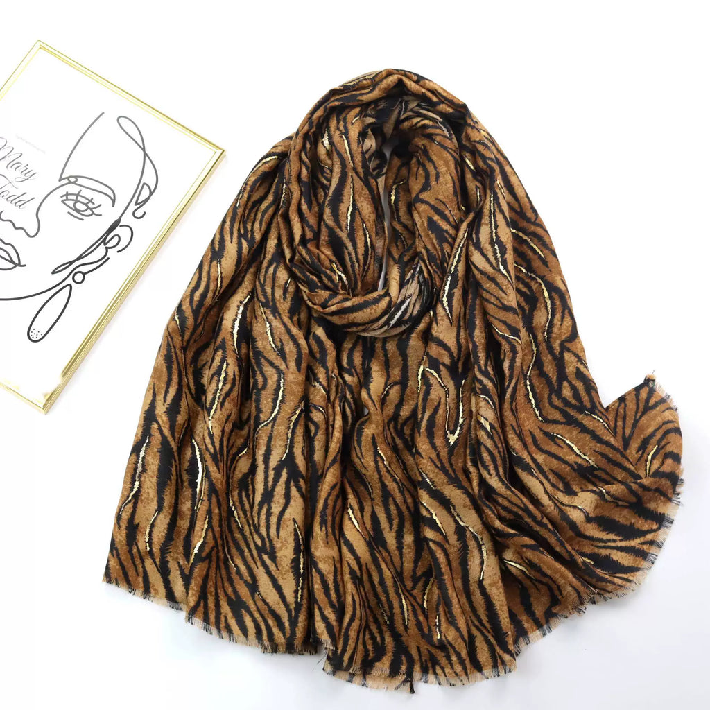 Stunning Camel High Quality Imported Zebra Printed Long Party Hijab / Orna Adorned With Elegant Golden Detailing