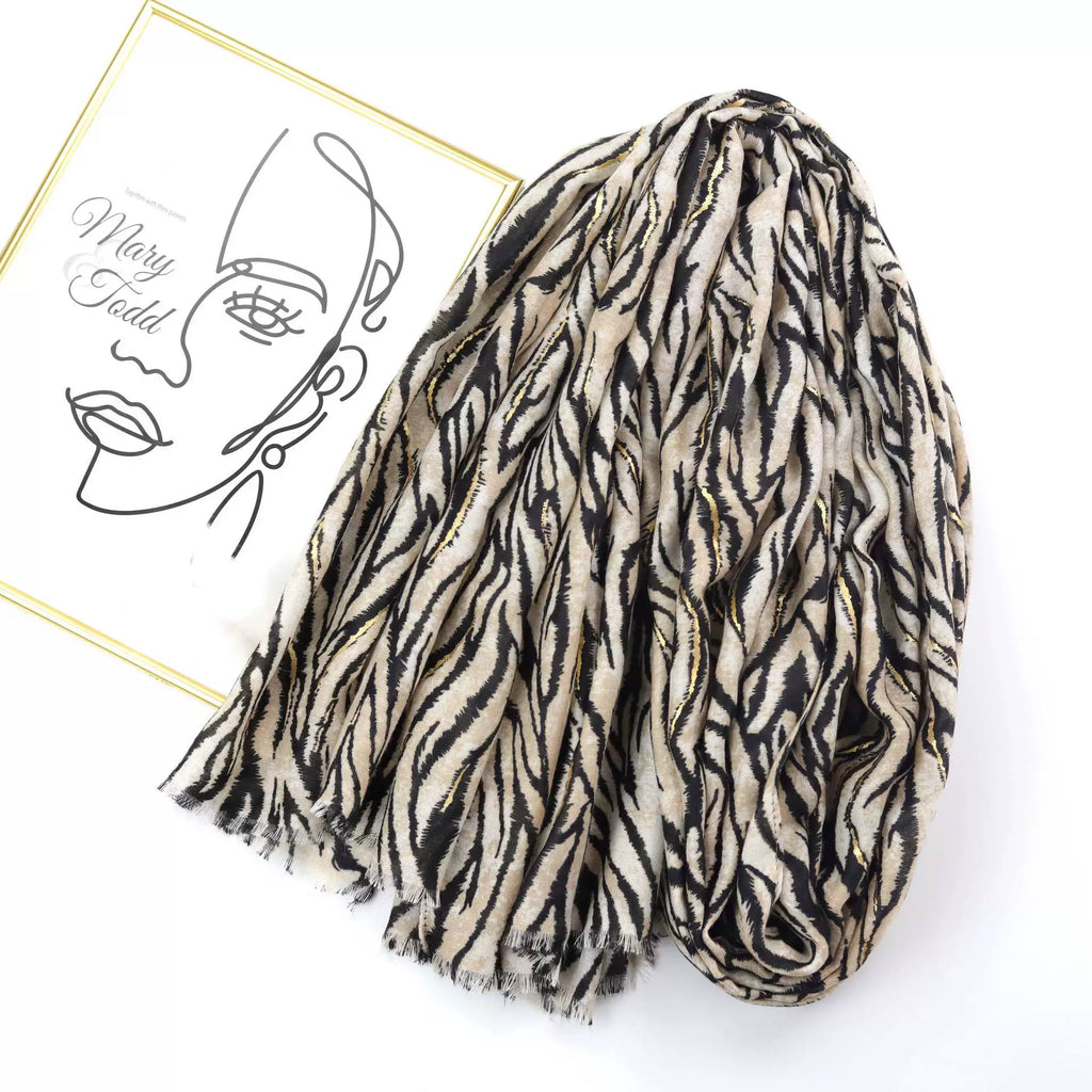 Stunning Off White High Quality Imported Zebra Printed Long Party Hijab / Orna Adorned With Elegant Golden Detailing
