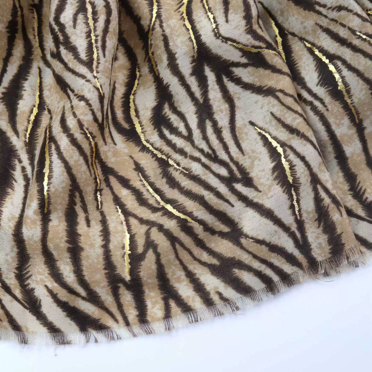 Stylish Khaki Color High Quality Imported Zebra Printed Long Party Hijab / Orna Adorned With Elegant Golden Detailing