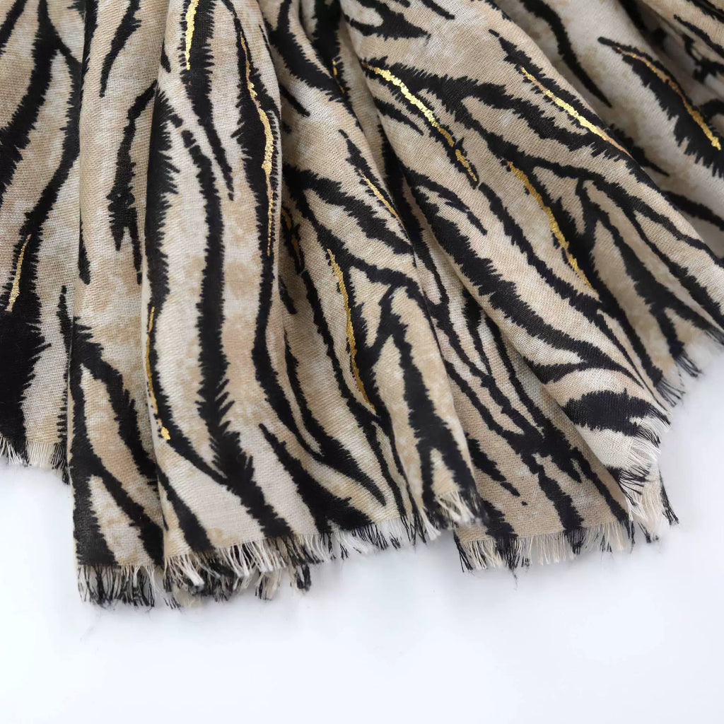 Stunning Off White High Quality Imported Zebra Printed Long Party Hijab / Orna Adorned With Elegant Golden Detailing