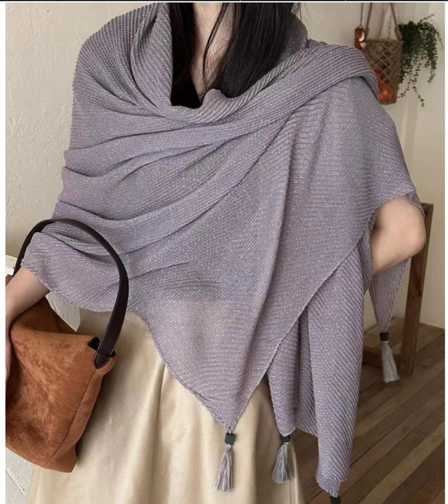 Classy Purple Color Literary Style Retro High-end Japanese and Korean Women's Creative Fashion Pleated Hanging Imported Wooden Bead Pendant Cotton Hijab / Orna
