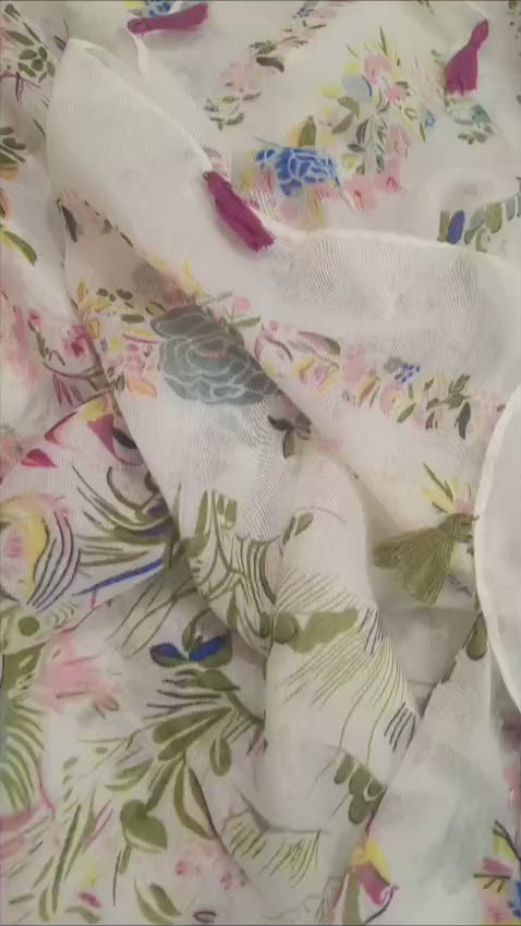 Beautiful floral & birds printed soft tassel cape
