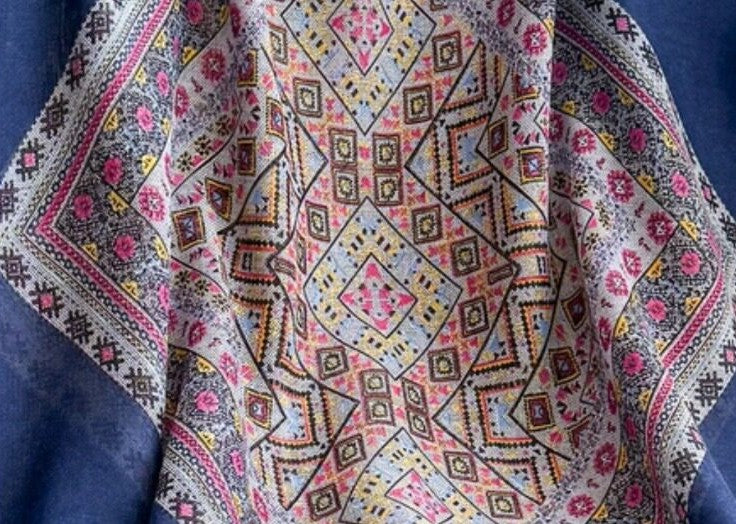 Stylish Navy Blue Bohemian Printed Long Soft Imported Summer Friendly Tassel Hijab / Orna