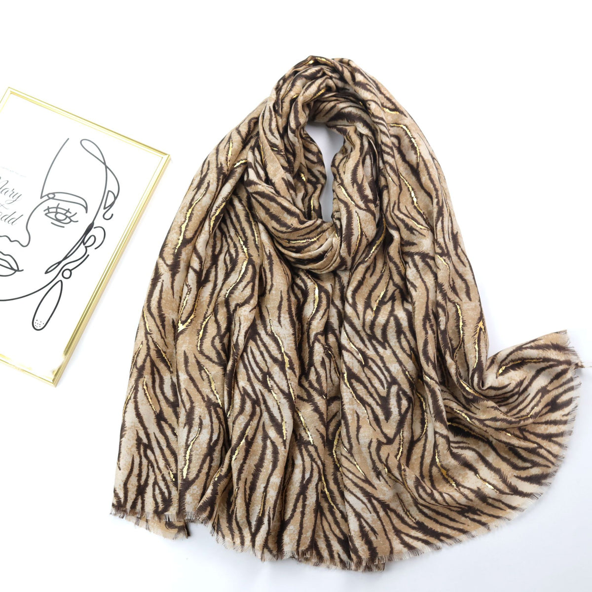 Stylish Khaki Color High Quality Imported Zebra Printed Long Party Hijab / Orna Adorned With Elegant Golden Detailing