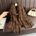 Elegant Brown Imported Double-Sided Plaid Cotton Scarf with Gold Thread Decorative Casual Versatile Striped
