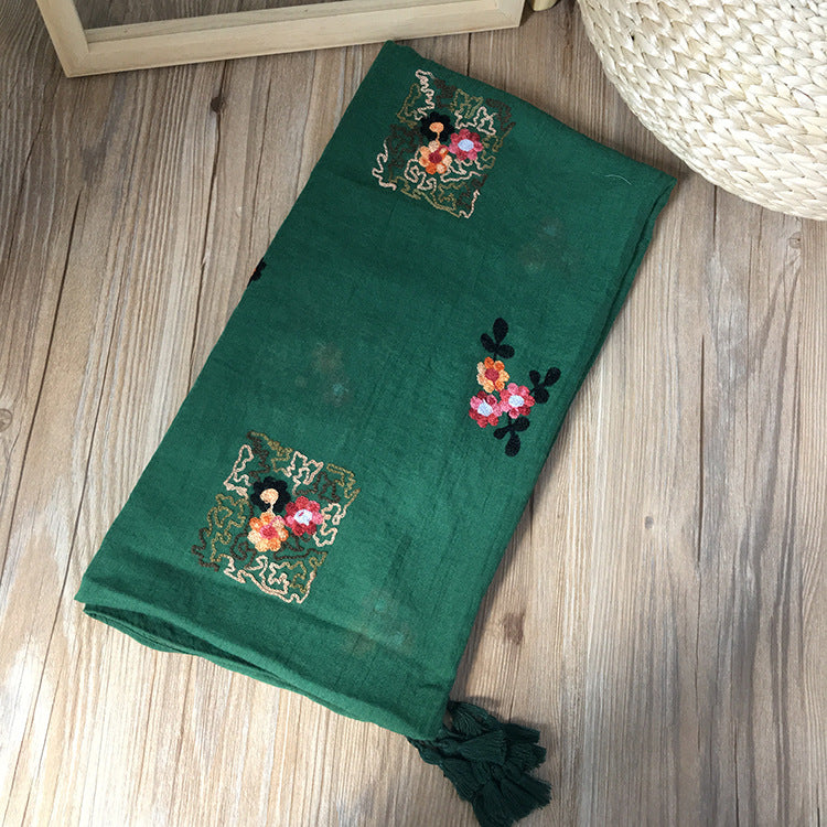 Elegant Green Color Embroidered Cotton Tassel Hijab/Orna